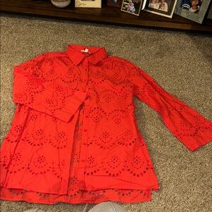 Women's salmon type color  Eyelet Blouse with wide sleeves great as a cover up
